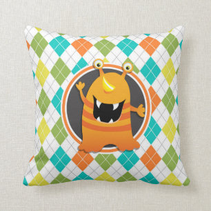 Orange Monster on Colourful Argyle Pattern Cushion