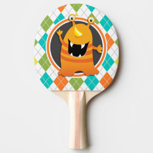 Orange Monster on Colourful Argyle Pattern Ping Pong Paddle