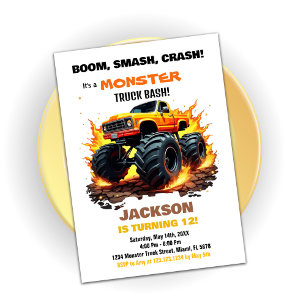 Orange Monster Truck Birthday Invitations