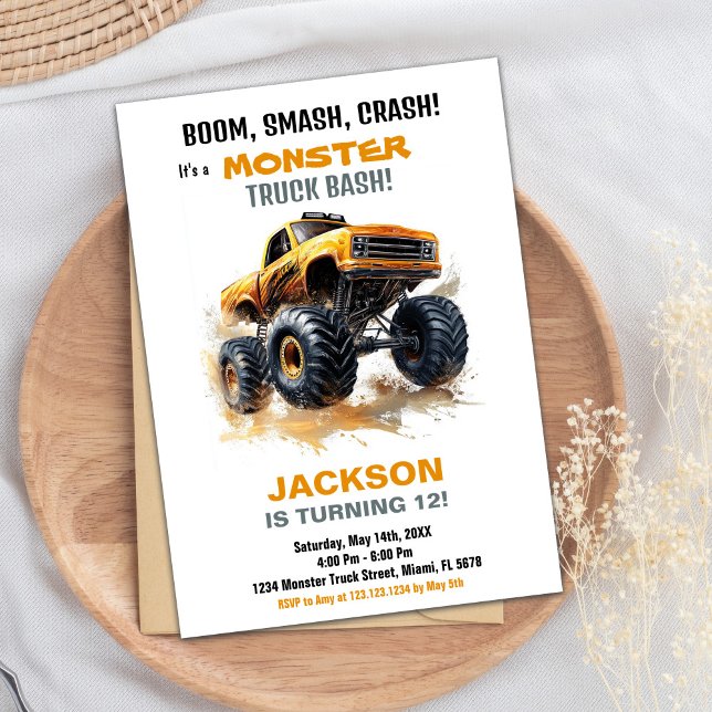 Orange Monster Truck Birthday Invitations (Orange Monster Truck Birthday Invitations)