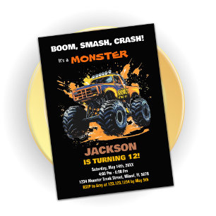 Orange Monster Truck Birthday Invitations Black