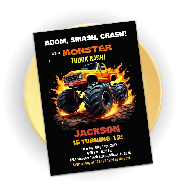 Orange Monster Truck Birthday Invitations Black (Orange Monster Truck Birthday Invitations Black)