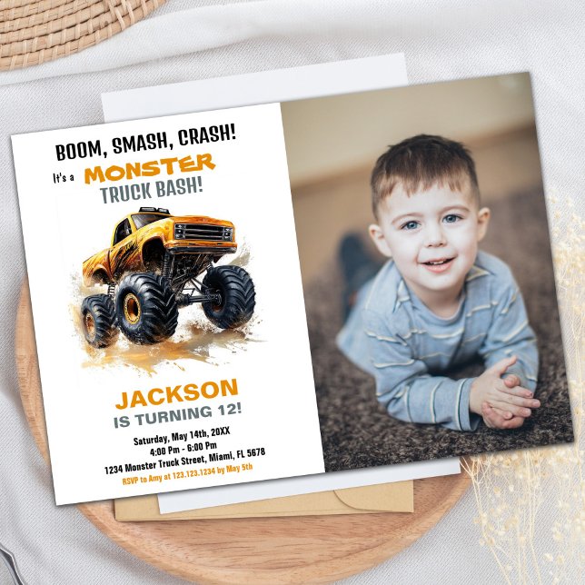 Orange Monster Truck Birthday Invitations Photo (Orange Monster Truck Birthday Invitations Photo)