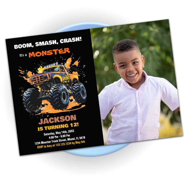 Orange Monster Truck Birthday Invitations photo (Orange Monster Truck Birthday Invitations photo)