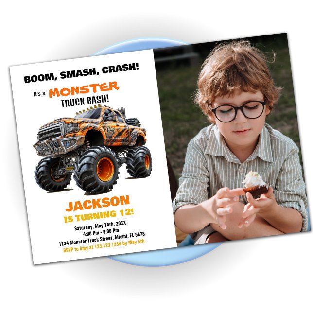 Orange Monster Truck Birthday Invitations Photo (Orange Monster Truck Birthday Invitations Photo)