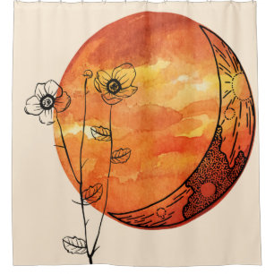 Orange moon and poppy flower shower curtain
