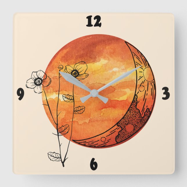 Orange moon and poppy flower square wall clock (Front)