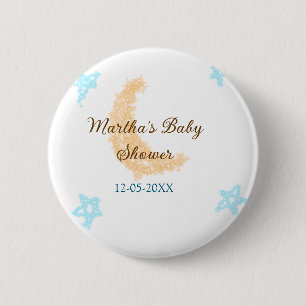 Orange moon blue stars glitter baby shower sparkle 6 cm round badge