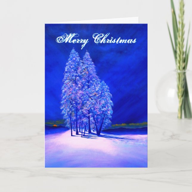 Orange Moon Peeking at Frosty Christmas Trees Holiday Card (Front)