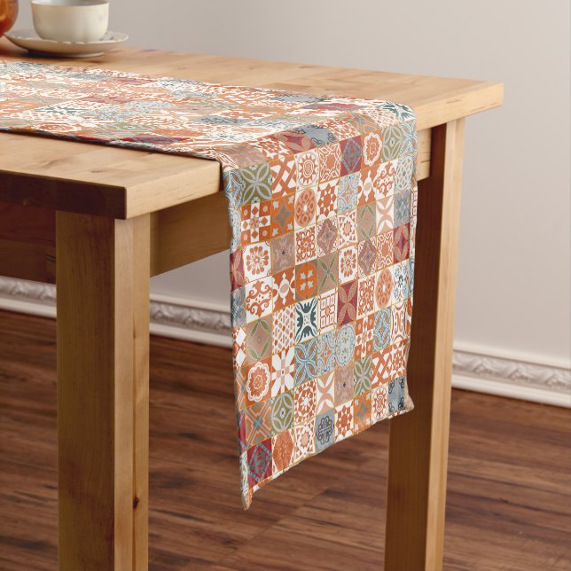 Orange Moroccan tile Short Table Runner (In Situ)