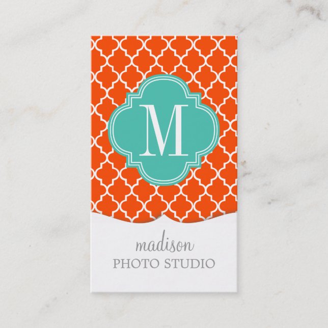Orange Moroccan Tiles Lattice Personalised Business Card (Front)