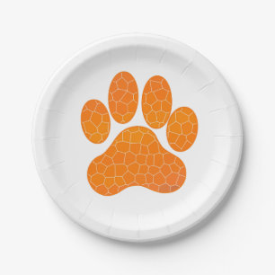 Orange Mosaic Tile Paw Print Design Paper Plate