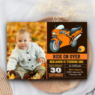 Orange Motorcycle Racing First Birthday Invitation