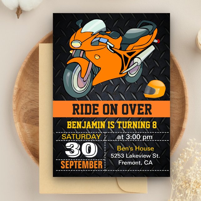 Orange Motorcycle Racing Kids Birthday Invitation (Creator Uploaded)