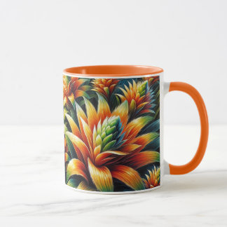 Orange mug with flowers glowing yellow and green