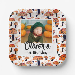 Orange Mushroom Fall Photo Birthday Party Paper Plate