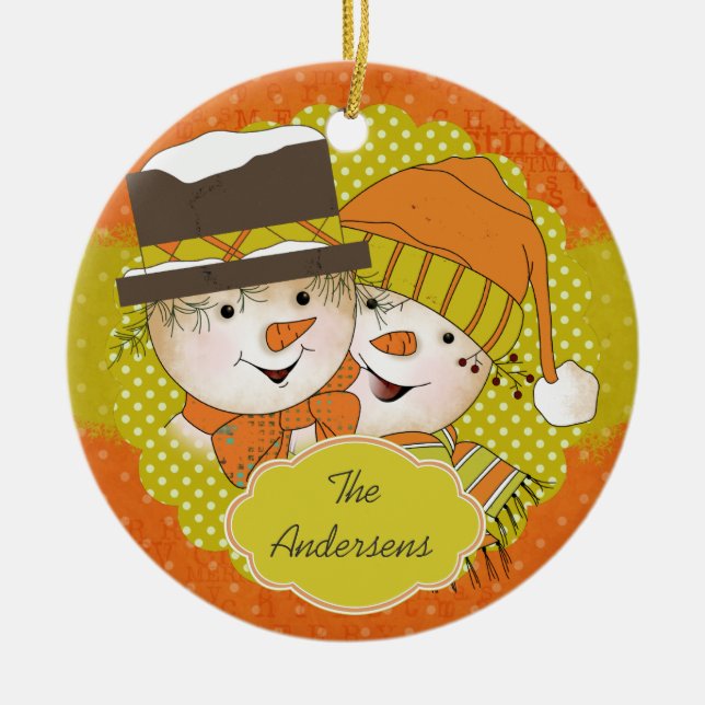 Orange/Mustard Dotted Snowmen Holiday Ornament (Front)
