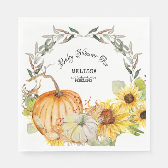 Orange n White Pumpkins w Sunflowers Baby Shower Napkin (Front)