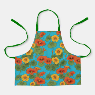 Orange Nasturtium Vines on Bright Blue Background Apron
