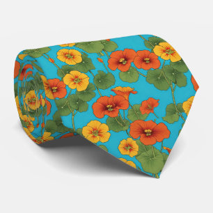 Orange Nasturtium Vines on Bright Blue Background Tie