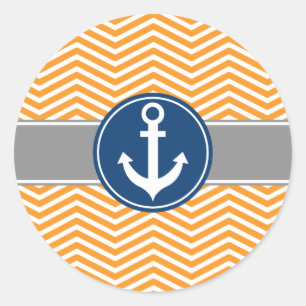 Orange Nautical Anchor Chevron Classic Round Sticker