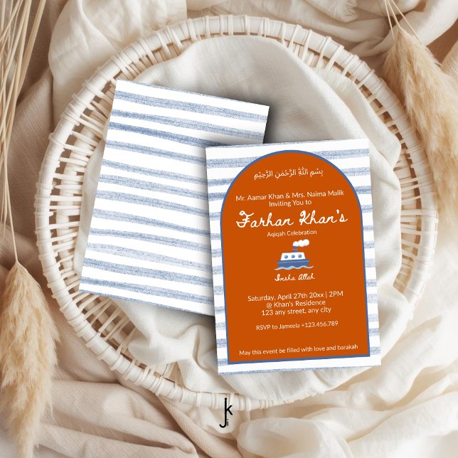 Orange Nautical Coastal Stripe Baby Boy Aqiqah Invitation (Creator Uploaded)