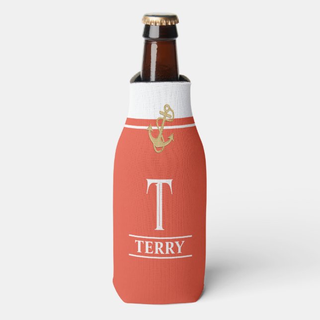Orange Nautical Monogrammed Bottle Cooler (Bottle Front)