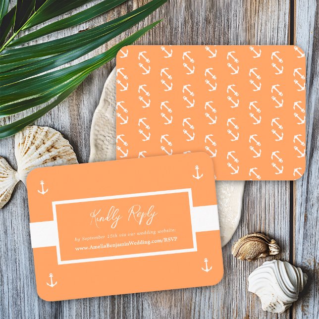  Orange Nautical Pattern Website Wedding RSVP Enclosure Card (Creator Uploaded)