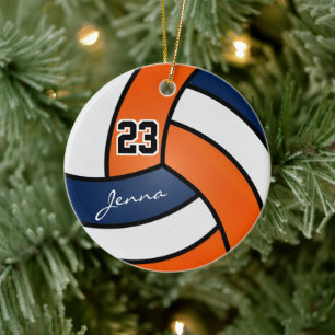 Orange, Navy Blue and White Volleyball Ceramic Ornament