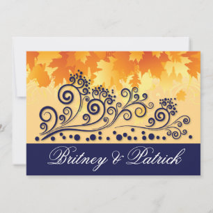 Orange & Navy Blue Fall Leaves Wedding Invitations