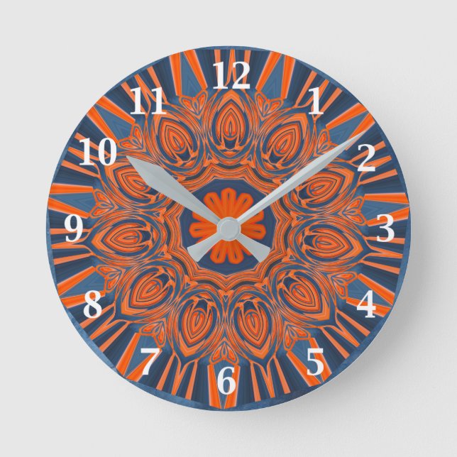Orange Navy Blue Mandala Round Clock (Front)