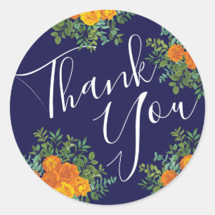 Orange & Navy Blue Peony & Rose Floral Wedding Classic Round Sticker