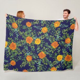 Orange & Navy Blue Peony & Rose Floral Wedding Fleece Blanket