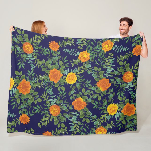 Orange & Navy Blue Peony & Rose Floral Wedding Fleece Blanket (In Situ)