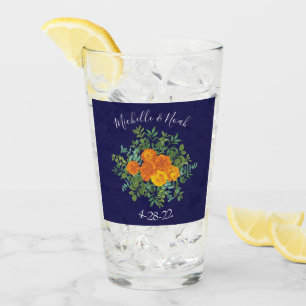 Orange & Navy Blue Peony & Rose Floral Wedding Glass