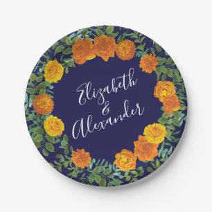 Orange Navy Blue Peony & Rose Floral Wedding Paper Plate
