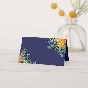 Orange & Navy Blue Peony & Rose Floral Wedding Place Card