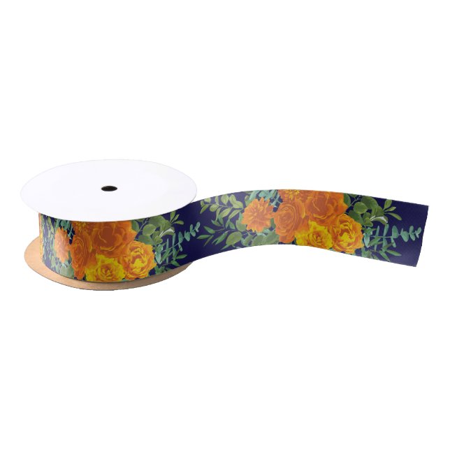 Orange & Navy Blue Peony & Rose Floral Wedding Satin Ribbon (Spool)