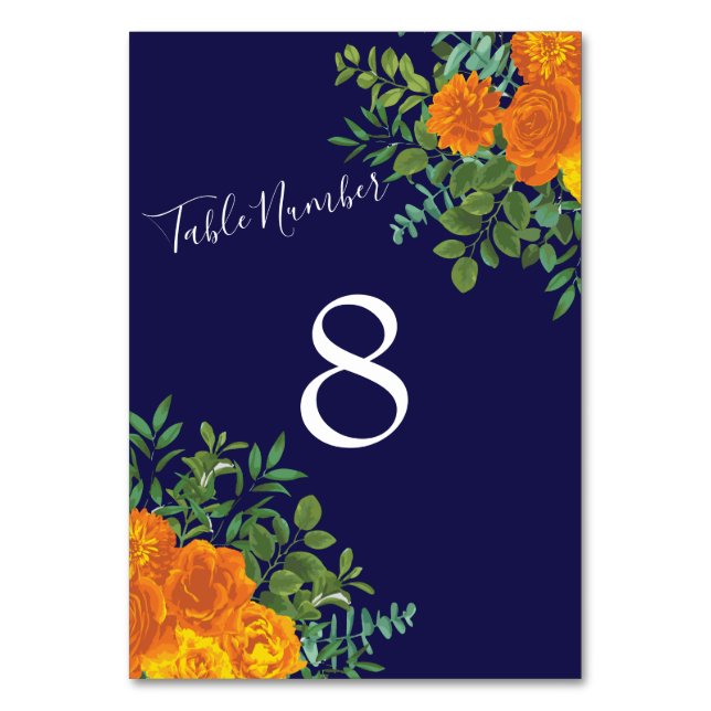 Orange & Navy Blue Peony & Rose Floral Wedding Table Number (Back)