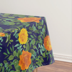 Orange & Navy Blue Peony Rose Floral Wedding Tablecloth