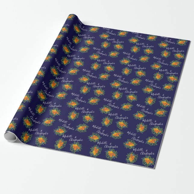 Orange & Navy Blue Peony & Rose Floral Wedding Wrapping Paper (Unrolled)