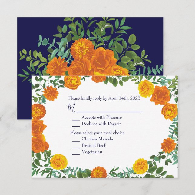 Orange & Navy Blue Peony Rose Invitation Reply (Front/Back)