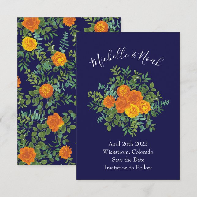 Orange & Navy Blue Peony Rose Wedding Save Date Invitation (Front/Back)