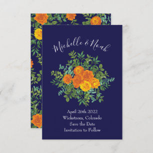Orange & Navy Blue Peony Rose Wedding Save Date Invitation