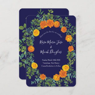 Orange & Navy Blue Peony Rose Wedding Save Date Invitation