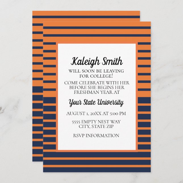 Orange Navy Blue Striped College Trunk Party Invitation (Front/Back)