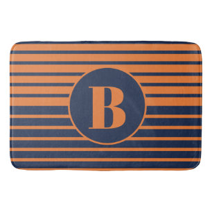 Orange Navy Blue Striped Monogram    Bath Mat