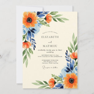 Orange Navy Blue Sumptuous Floral Wedding Invitation