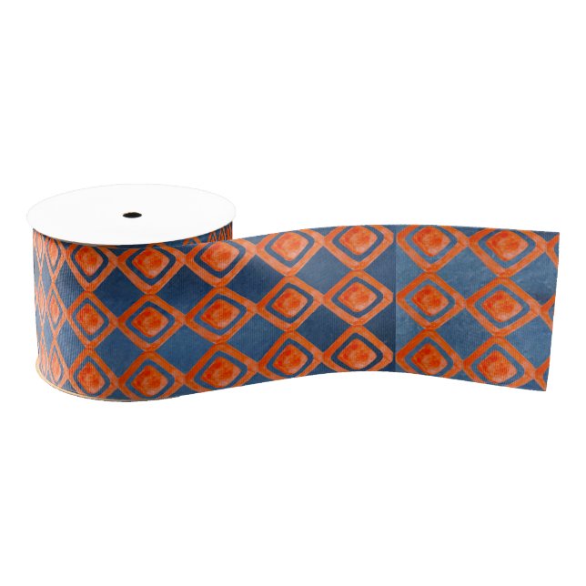 Orange Navy Blue Watercolor Pattern Grosgrain Ribbon (Spool)