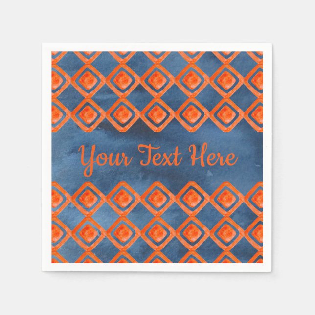 Orange Navy Blue Watercolor Pattern Napkin (Front)